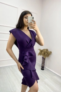 Scuba Kumaş Önü Fırfırlı Midi Boy Elbise