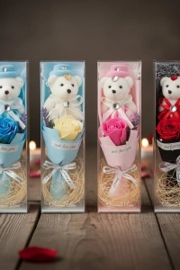 Şeffaf Kutulu Ayıcıklı Gül Buketi