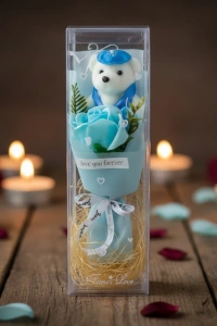 Şeffaf Kutulu Ayıcıklı Gül Buketi