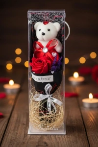 Şeffaf Kutulu Ayıcıklı Gül Buketi