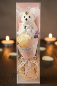 Şeffaf Kutulu Ayıcıklı Gül Buketi