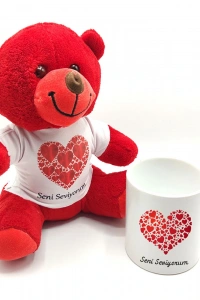 Seni Seviyorum Baskılı Kırmızı Ayıcık ve Kupa Bardak Seti