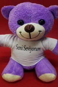 Seni Seviyorum Tişörtlü Mor Peluş Ayıcık
