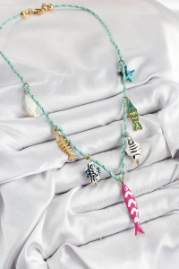 Seramik Motifli Pembe Balık Figürlü Model Mavi İp Kadın Kolye