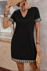 Şerit Detay V Yaka Yandan Cepli Viskon Elbise