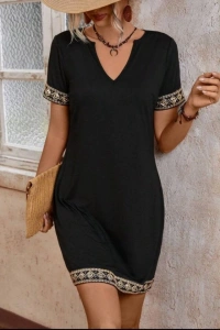 Şerit Detay V Yaka Yandan Cepli Viskon Elbise