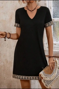 Şerit Detay V Yaka Yandan Cepli Viskon Elbise