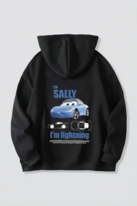 Sevgililer Günü Araba Temalı Baskılı Oversize Kapüşonlu Sweatshirt Hoodie - Siyah