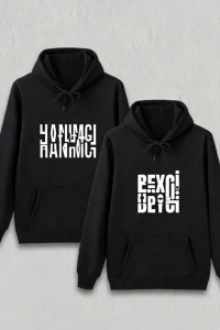 Sevgililer Günü Beyci Hediye Baskılı Oversize Kapüşonlu Sweatshirt - Siyah