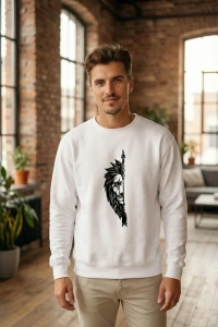 Sevgililer Günü Özel Bisiklet Yaka Aslan Baskılı Oversize Sweatshirt - Beyaz