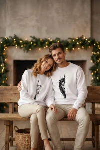 Sevgililer Günü Özel Bisiklet Yaka Aslan Baskılı Oversize Sweatshirt - Beyaz