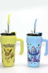 Sevimli Çizgi Film Karakterli Pipetli Termos