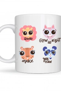 Sevimli Hayvan Figürlü Porselen Kupa MODEL 70 – “Roar • Glow All Night • Make • Yee Haw” Tasarımlı Özel Baskı Kupa
