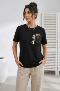 Sevimli Kedi Cep Baskılı Tişört Kısa Kol Yazlık T-Shirt - Siyah