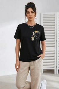 Sevimli Kedi Cep Baskılı Tişört Kısa Kol Yazlık T-Shirt - Siyah