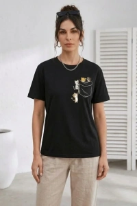 Sevimli Kedi Cep Baskılı Tişört Kısa Kol Yazlık T-Shirt - Siyah