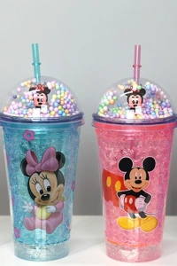 Sevimli Mickey Mouse Pipetli Işıklı Boncuklu Suluk Bardak 400 ml