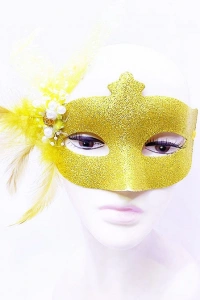 Sim İşlemeli İnci Boncuk Detaylı Tüylü Balo Maskesi Altın Renk 13x18 cm