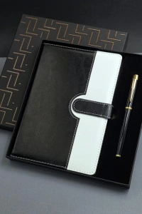 Siyah Beyaz Renkli Tarihsiz Ajanda Defter Ve Metal Roller Kalem Seti