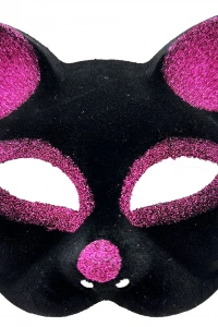 Siyah Fuşya Simli Süet Kedi Maskesi