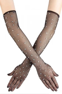 Siyah İncili Elmas File Örgü Uzun Eldiven