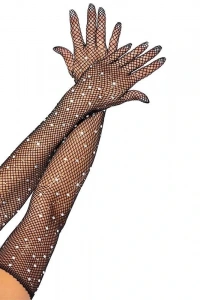 Siyah İncili Elmas File Örgü Uzun Eldiven