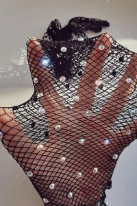 Siyah İncili Elmas File Örgü Uzun Eldiven