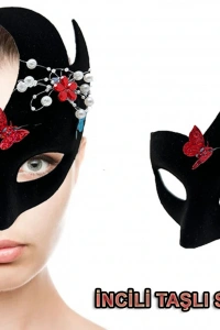 Siyah İncili Taşlı Süet Venedik Parti Maskesi