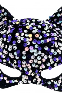 Siyah Kadife Kumaş Üzerine Mor Beyaz Payetli Pullu Parti Maskesi 16x14 cm