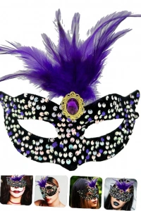Siyah Kadife Payetli Pullu Mor Tüylü Parti Maskesi