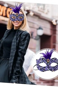 Siyah Kadife Payetli Pullu Mor Tüylü Parti Maskesi