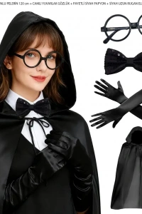 Siyah Kapüşonlu Büyücü ve Cadı Pelerin Kostüm Seti (4 Parça)