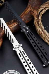 Siyah Katlanabilir Paslanmaz Çelik Kelebek Bıçak Tasarımlı Tarak