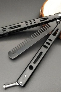 Siyah Katlanabilir Paslanmaz Çelik Kelebek Bıçak Tasarımlı Tarak