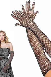 Siyah Renk İncili Elmas İşlemeli File Örgü Uzun Eldiven