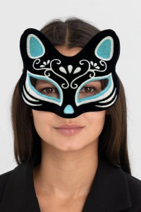 Siyah Süet Gümüş Mavi Simli Kedi Maskesi