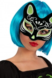 Siyah Süet Kaplama Gümüş Yeşil Simli Kedi Maskesi