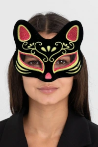 Siyah Süet Kırmızı Sarı Simli Kedi Maskesi