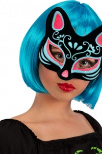 Siyah Süet Mavi Kırmızı Simli Kedi Maskesi