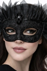 Siyah Taşlı Venedik Maskesi Lüks Tüllü Parti Maskesi