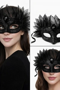 Siyah Taşlı Venedik Maskesi Lüks Tüllü Parti Maskesi
