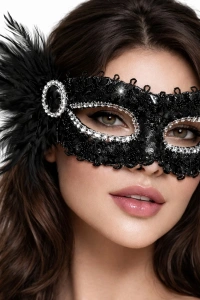 Siyah Taşlı Venedik Parti Maskesi – Tüylü Payetli