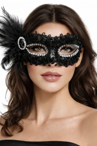 Siyah Taşlı Venedik Parti Maskesi – Tüylü Payetli