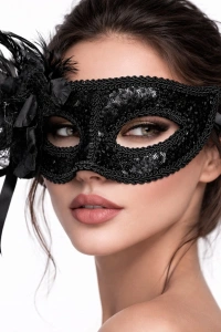 Siyah Venedik Parti Maskesi – Çiçekli Tüylü Payetli