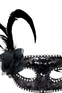 Siyah Yandan Tüylü Güllü Taşlı Pullu Maske