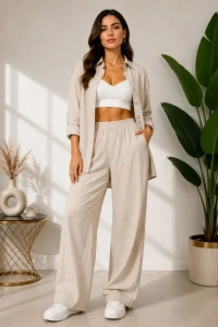 Sofya Keten Gömlek Pantolon Alt Üst Takım Uzun Kollu - Krem