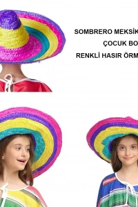 Sombrero Meksika Şapkası Renkli Örme Hasır Çocuk Boy