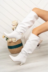 SR-2001 Beyaz Körüklü İnce Topuklu Günlük Bayan Çizme