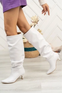 SR-2001 Beyaz Körüklü İnce Topuklu Günlük Bayan Çizme