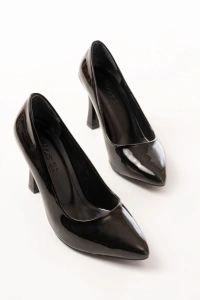 ST-001 Siyah Rugan Günlük 9 cm Topuklu Bayan Stiletto Ayakkabı